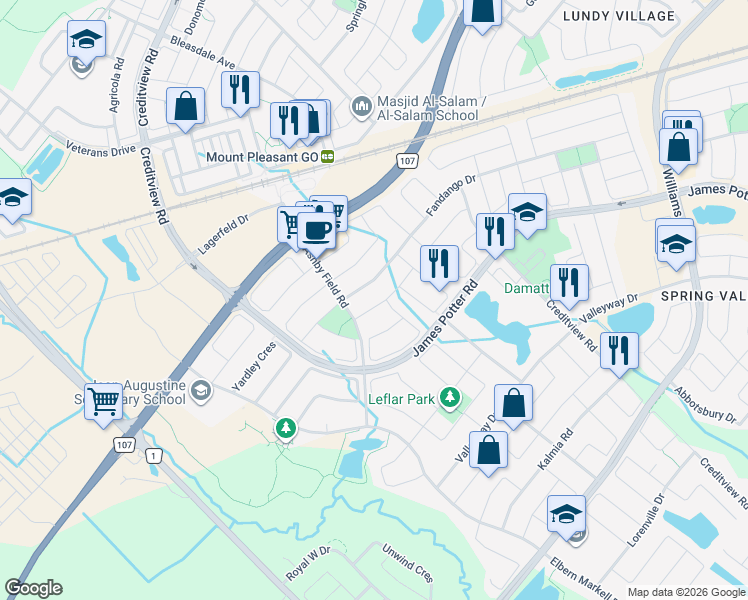 map of restaurants, bars, coffee shops, grocery stores, and more near 10 Fallgate Drive in Brampton