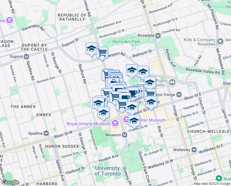 map of restaurants, bars, coffee shops, grocery stores, and more near 55 Avenue Road in Toronto