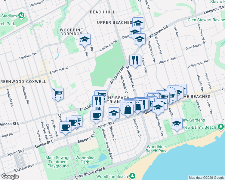 map of restaurants, bars, coffee shops, grocery stores, and more near 64 Brookmount Road in Toronto