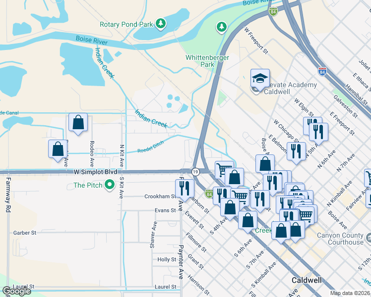 map of restaurants, bars, coffee shops, grocery stores, and more near 112 East Simplot Boulevard in Caldwell