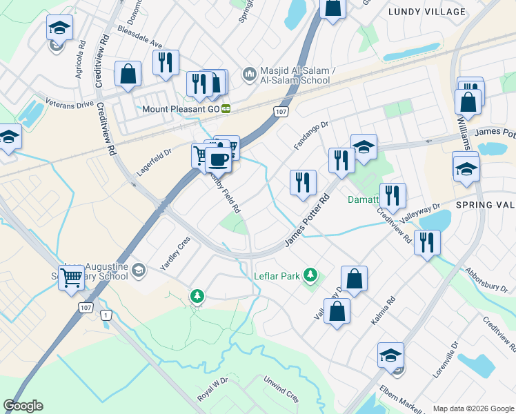 map of restaurants, bars, coffee shops, grocery stores, and more near 16 Fallgate Drive in Brampton
