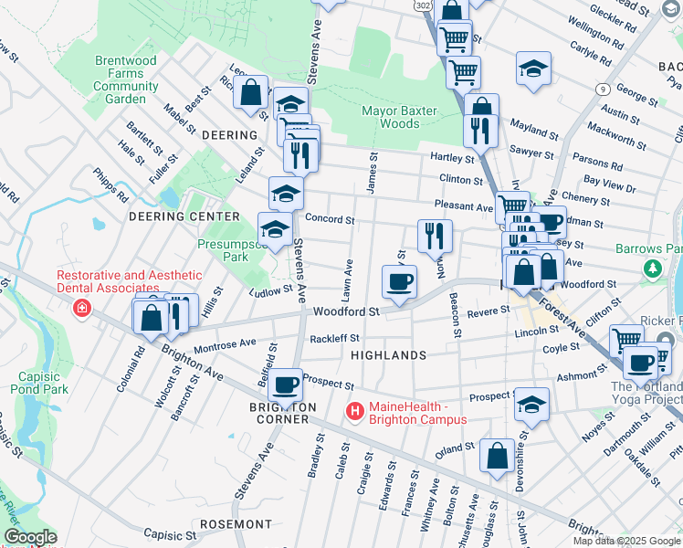 map of restaurants, bars, coffee shops, grocery stores, and more near 32 Lawn Avenue in Portland