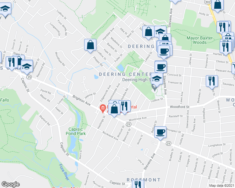 map of restaurants, bars, coffee shops, grocery stores, and more near 49 Westminster Avenue in Portland
