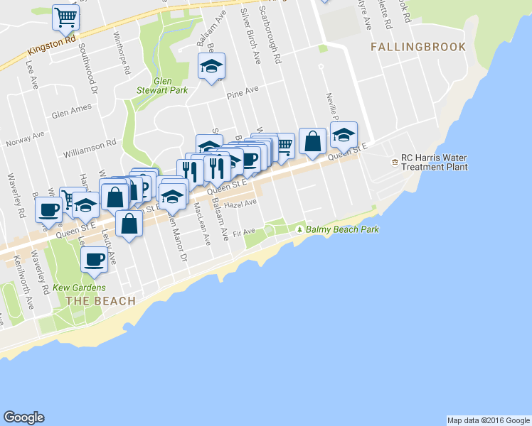map of restaurants, bars, coffee shops, grocery stores, and more near 16 Beech Avenue in Toronto