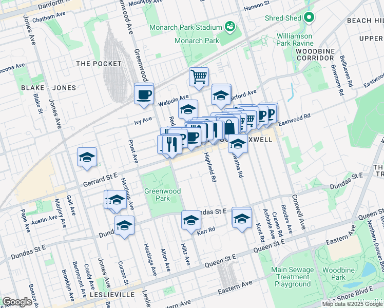 map of restaurants, bars, coffee shops, grocery stores, and more near in Toronto