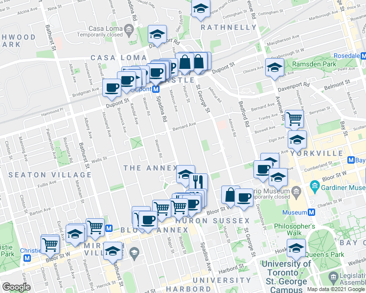 map of restaurants, bars, coffee shops, grocery stores, and more near in Toronto