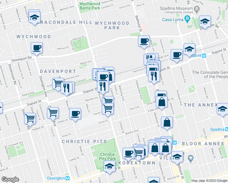 map of restaurants, bars, coffee shops, grocery stores, and more near 618 Clinton Street in Toronto