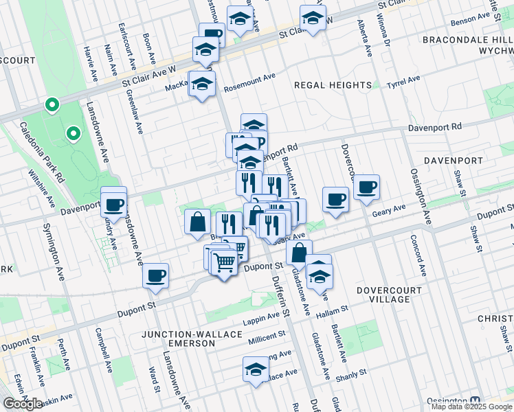 map of restaurants, bars, coffee shops, grocery stores, and more near 1423 Dufferin Street in Toronto