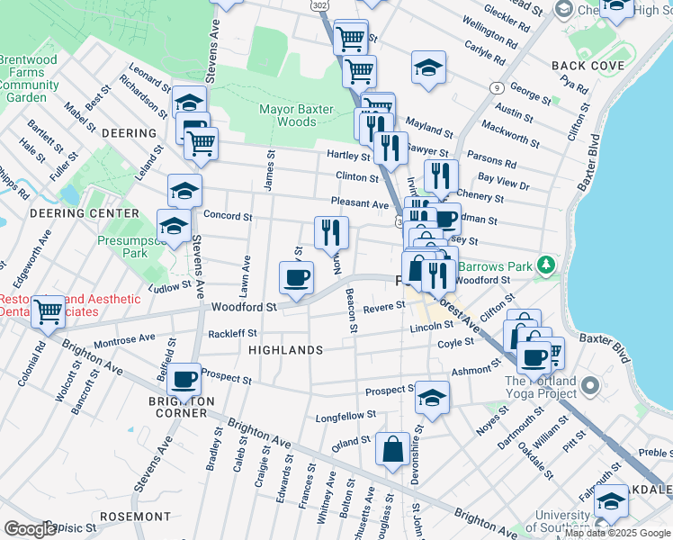 map of restaurants, bars, coffee shops, grocery stores, and more near 14 Norwood Street in Portland