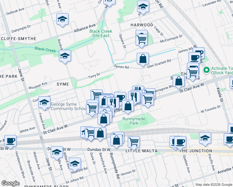 map of restaurants, bars, coffee shops, grocery stores, and more near 1 Henrietta Street in Toronto