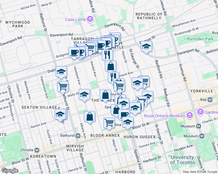 map of restaurants, bars, coffee shops, grocery stores, and more near 85 Walmer Road in Toronto