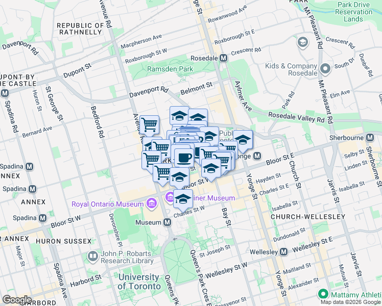 map of restaurants, bars, coffee shops, grocery stores, and more near 80 Yorkville Avenue in Toronto