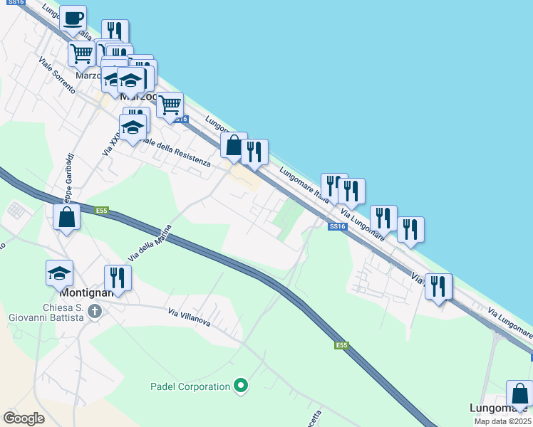 map of restaurants, bars, coffee shops, grocery stores, and more near 7 Via dell'Industria in Montignano-Marzocca