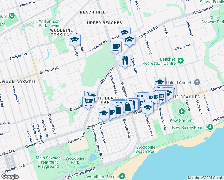 map of restaurants, bars, coffee shops, grocery stores, and more near 35 Columbine Avenue in Toronto