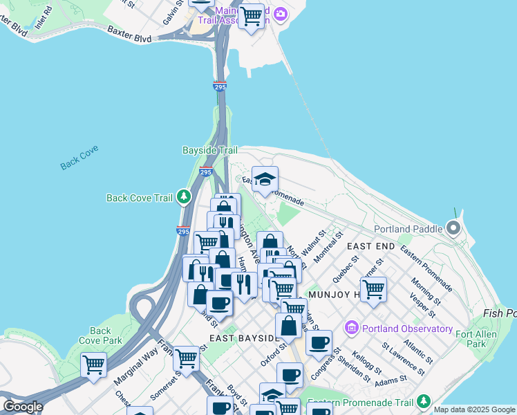 map of restaurants, bars, coffee shops, grocery stores, and more near 195 North Street in Portland