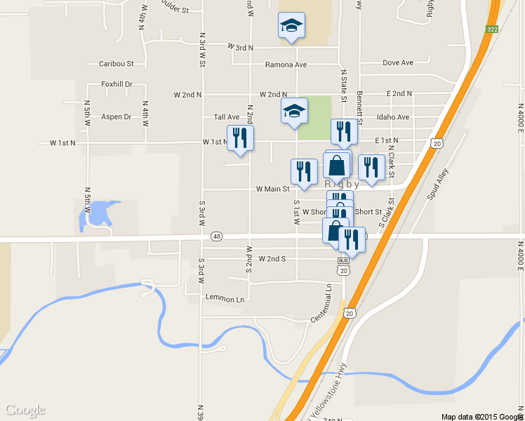 map of restaurants, bars, coffee shops, grocery stores, and more near 143 South 2nd West in Rigby