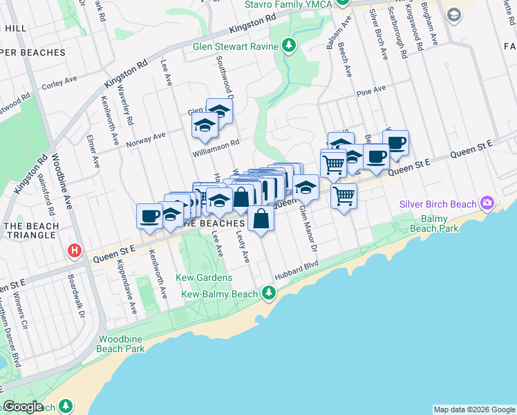 map of restaurants, bars, coffee shops, grocery stores, and more near 2116 Queen Street East in Toronto