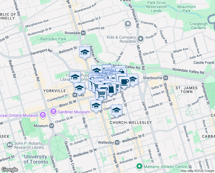 map of restaurants, bars, coffee shops, grocery stores, and more near 8 Park Road in Toronto