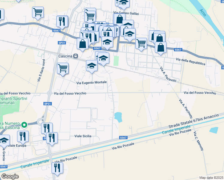 map of restaurants, bars, coffee shops, grocery stores, and more near 215 Via B. Genovesi Sud in Cascina