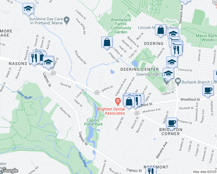 map of restaurants, bars, coffee shops, grocery stores, and more near 7 Glenridge Drive in Portland