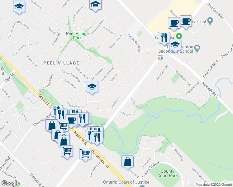 map of restaurants, bars, coffee shops, grocery stores, and more near 34 Golf View Drive in Brampton