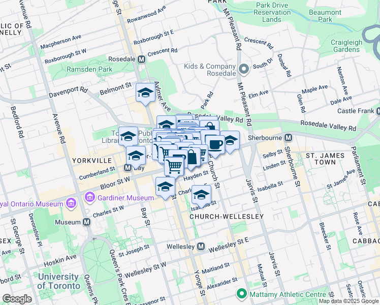 map of restaurants, bars, coffee shops, grocery stores, and more near 8 Park Road in Toronto