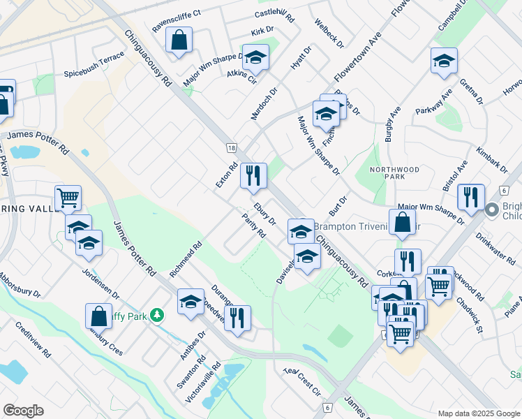 map of restaurants, bars, coffee shops, grocery stores, and more near Ebury Drive in Brampton