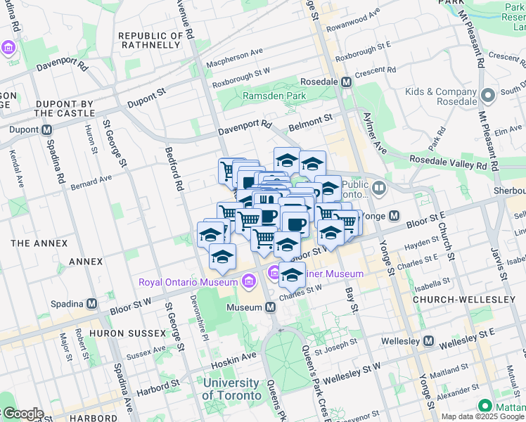 map of restaurants, bars, coffee shops, grocery stores, and more near 18A Hazelton Avenue in Toronto