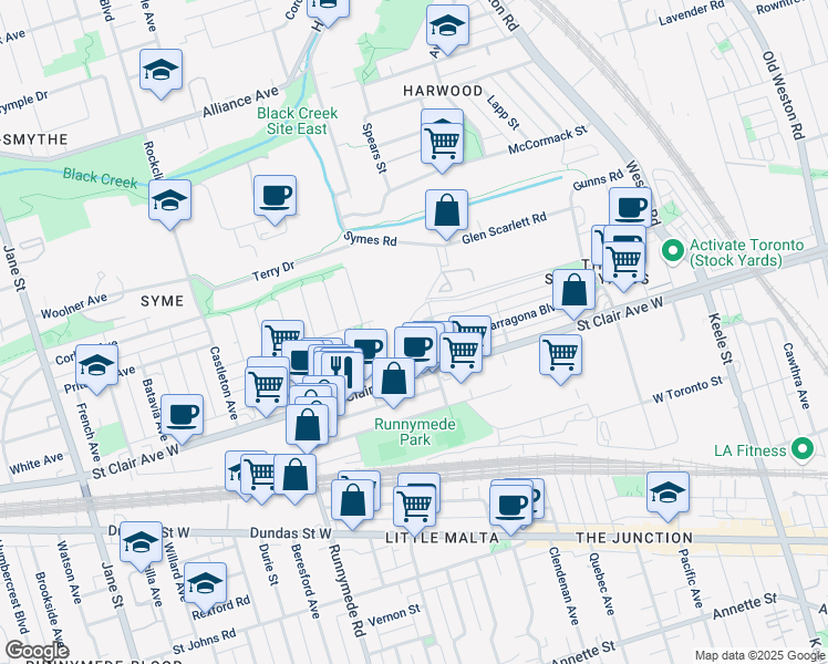 map of restaurants, bars, coffee shops, grocery stores, and more near 21 Cannes Circle in Toronto