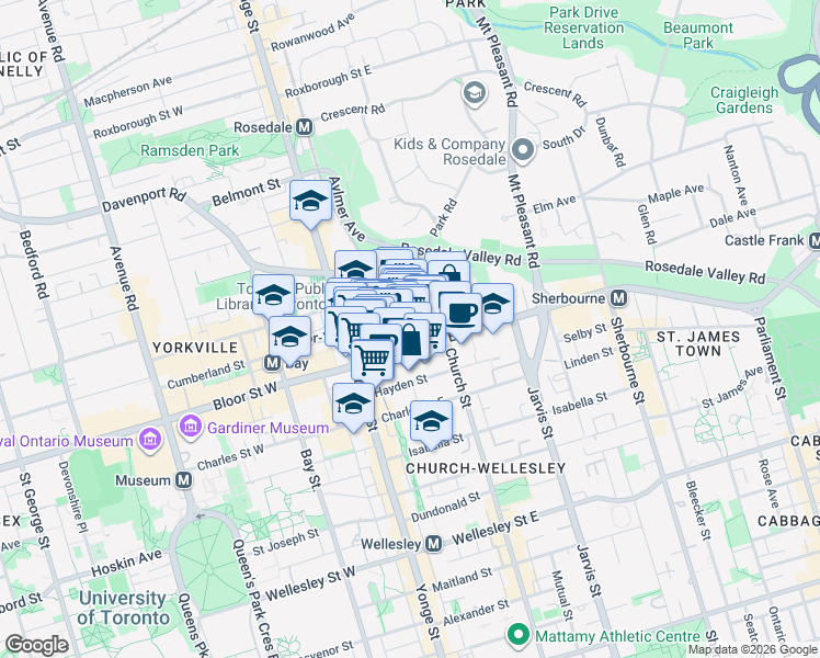 map of restaurants, bars, coffee shops, grocery stores, and more near 8 Park Road in Toronto