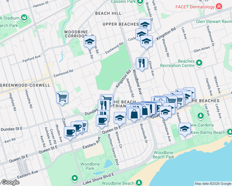 map of restaurants, bars, coffee shops, grocery stores, and more near 64 Brookmount Road in Toronto