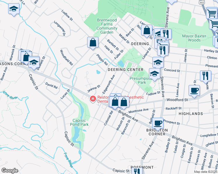 map of restaurants, bars, coffee shops, grocery stores, and more near 53 Edgeworth Avenue in Portland