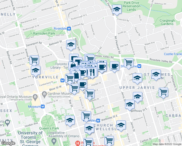 map of restaurants, bars, coffee shops, grocery stores, and more near 98 Bloor Street East in Toronto