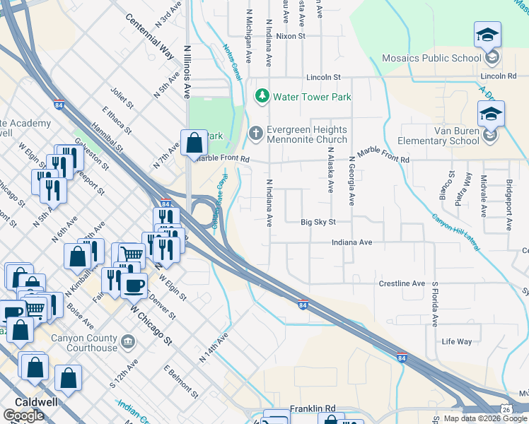 map of restaurants, bars, coffee shops, grocery stores, and more near 110 North Indiana Avenue in Caldwell