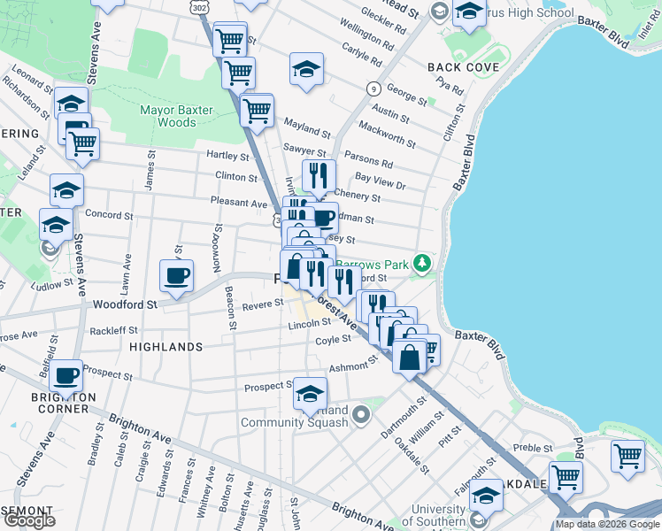 map of restaurants, bars, coffee shops, grocery stores, and more near 101 Woodford Street in Portland