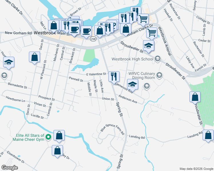 map of restaurants, bars, coffee shops, grocery stores, and more near 27 Little Avenue in Westbrook