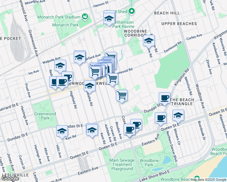 map of restaurants, bars, coffee shops, grocery stores, and more near in Toronto