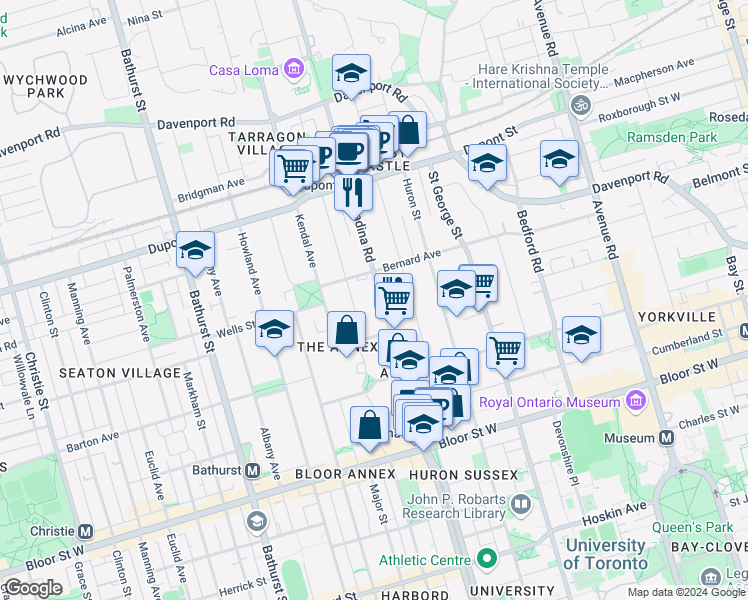 map of restaurants, bars, coffee shops, grocery stores, and more near in Toronto