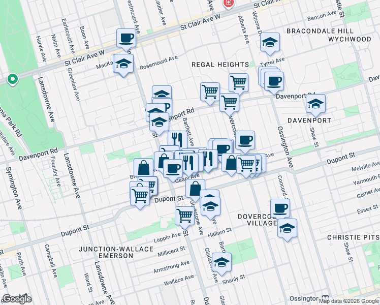 map of restaurants, bars, coffee shops, grocery stores, and more near 344 Bartlett Avenue North in Toronto