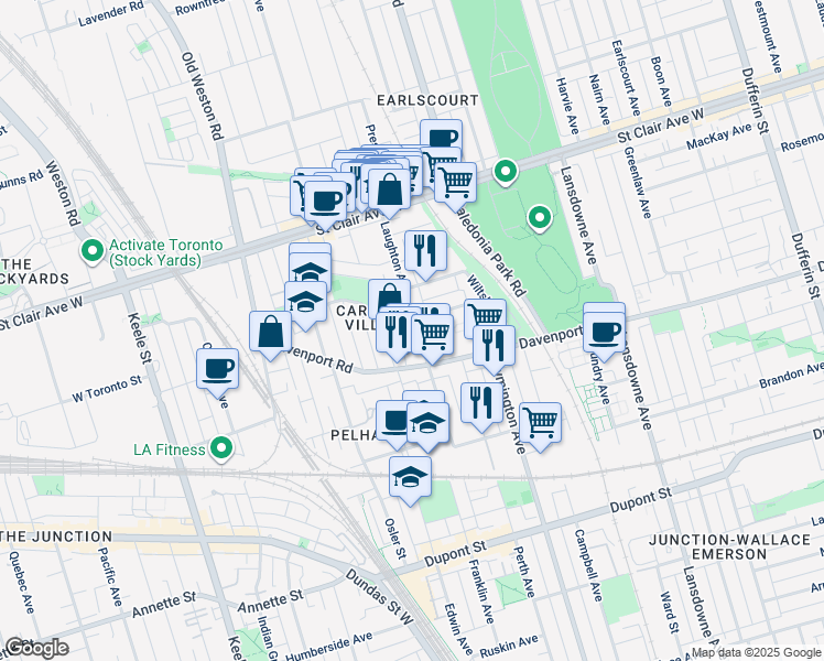 map of restaurants, bars, coffee shops, grocery stores, and more near in Toronto