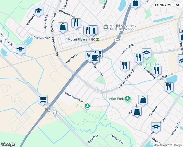 map of restaurants, bars, coffee shops, grocery stores, and more near in Brampton