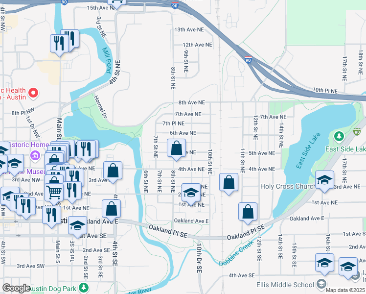 map of restaurants, bars, coffee shops, grocery stores, and more near 906 5th Avenue Northeast in Austin