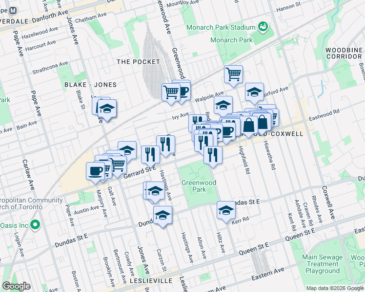 map of restaurants, bars, coffee shops, grocery stores, and more near 21 Sandford Avenue in Toronto