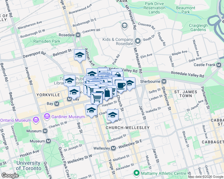 map of restaurants, bars, coffee shops, grocery stores, and more near 120 Bloor Street East in Toronto