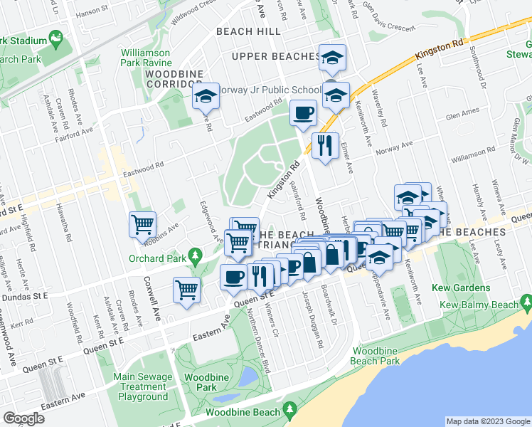 map of restaurants, bars, coffee shops, grocery stores, and more near 3 Columbine Avenue in Toronto