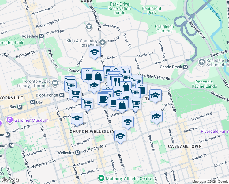 map of restaurants, bars, coffee shops, grocery stores, and more near 77 Huntley Street in Toronto