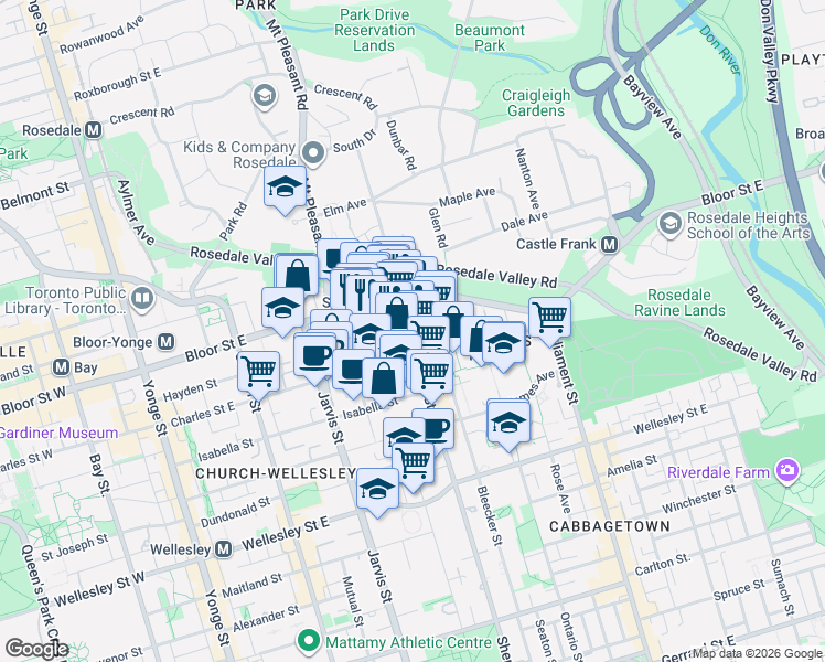 map of restaurants, bars, coffee shops, grocery stores, and more near 603 Sherbourne Street in Toronto
