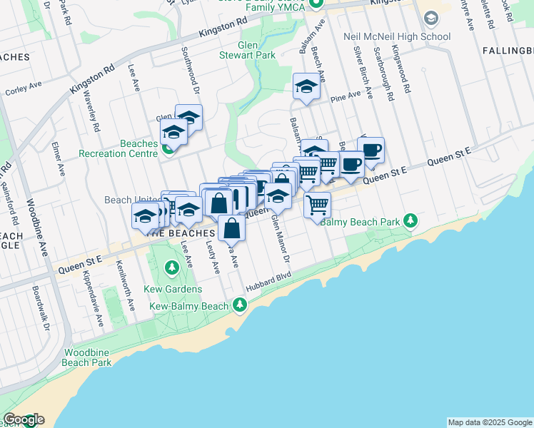 map of restaurants, bars, coffee shops, grocery stores, and more near 2277 Queen Street East in Toronto