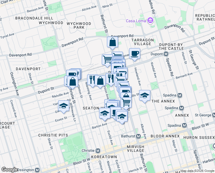 map of restaurants, bars, coffee shops, grocery stores, and more near 843 Palmerston Avenue in Toronto