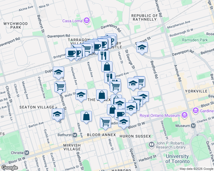 map of restaurants, bars, coffee shops, grocery stores, and more near 100 Spadina Road in Toronto